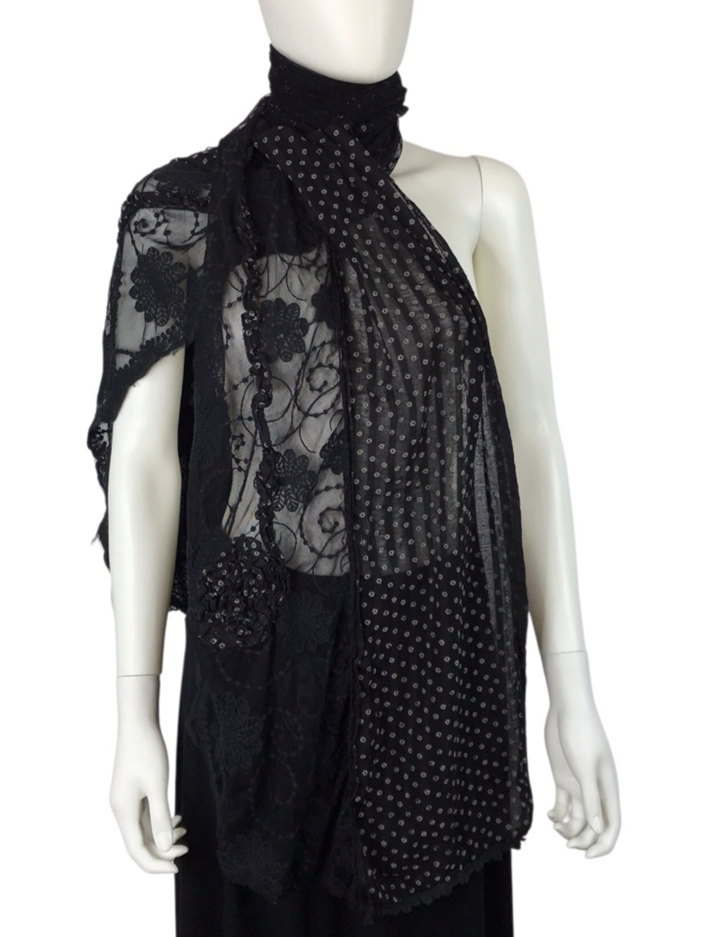 Vintage Boho Black Lace & Floral Sheer Scarf Wrap Metallic Leaf Detail